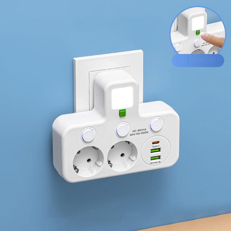 VirtaKoti – Kompakti jatkopistorasia USB-porteilla ja yövalolla